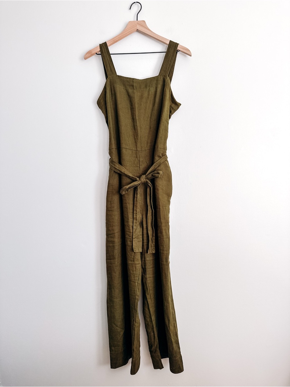 Quince European Linen Square Neck Wide Leg Jumpsuit Olive Green Size M